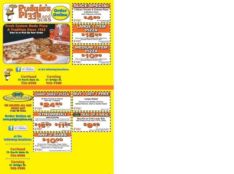 Coupons Pudgie's Pizza Corning
